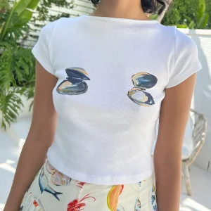 Y2k Women's Clothing Vintage Streetwear Fruit Cut Kawaii Casual Round Neck Short Sleeved T-Shirt Tight Fit Baby Tee bottom shirt