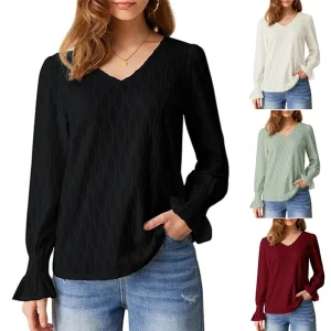 Fashion Solid Color V-neck Long-sleeved T-shirt Top Womens Clothing