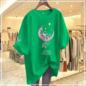 2024 Summer Round Neck Pure Cotton Loose Fitting Mid Length Version Trend Printing Comfort Versatile Women's Clothing T-Shirts