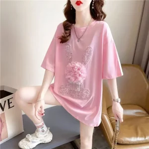 Vintage Heavy Industry Cute Rabbit Sequins T Shirt Short-Sleeve Casual T-shirt Women Korean Fashion Sweet Summer Y2k Clothing