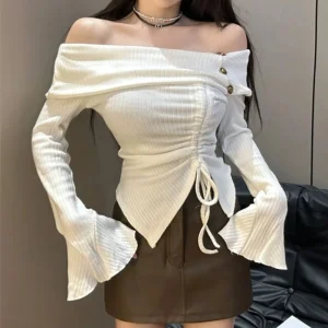 Irregular Long Sleeve Drawstring Y2K Short T Shirts Spring New Solid Off Shoulder Sexy Tops Fashion Elegant Trend Women Clothing