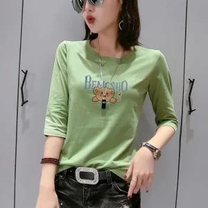 Spring Autumn All-match Office Lady Women's Clothing Round Neck Cartoon Printing Pullover Long Sleeve T-shirt Casual Tops