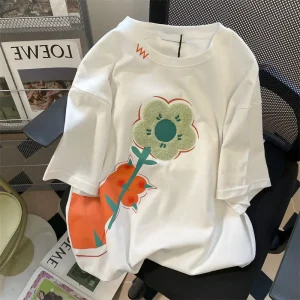 Vintage Contrast Printing Loose Tops Summer New Short Sleeve O-neck Youth Korean T Shirts Fashion Street Casual Women Clothing