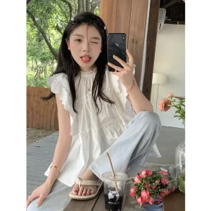 Femme Summer Fashion Casual Preppy Style Lace White O-neck Flying Sleeves Women Clothing All-match Sweet Young Style Tee Shirt