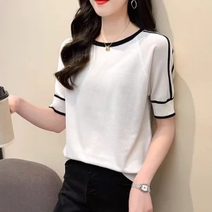 Office Lady O-neck Ice Silk Knitted T-shirt for Women Short Sleeve Loose Fashion All-match Casual Tops Vintage Korean Clothing